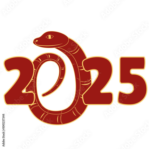 Chinese 2025 Red and Gold Contour New Year Numeric. Zodiac Asia Snake