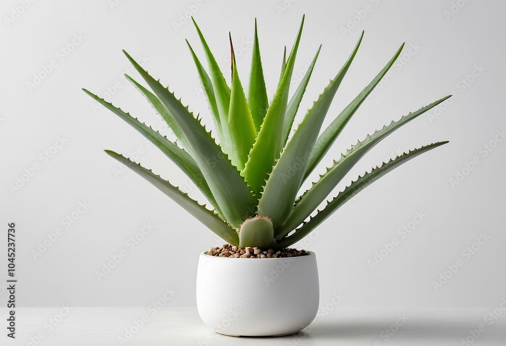 Aloe vera plant in a simple white ceramic pot. Centered on a blank white background. The minimalist décor has a clean look. Aloe vera plant in a simple white ceramic pot. Centered on a blank white background. The minimalist décor has a clean look.