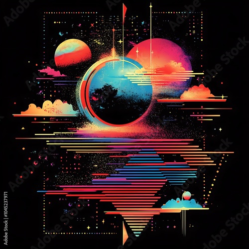 Abstract digital art with planets and clouds in a vibrant color palette.