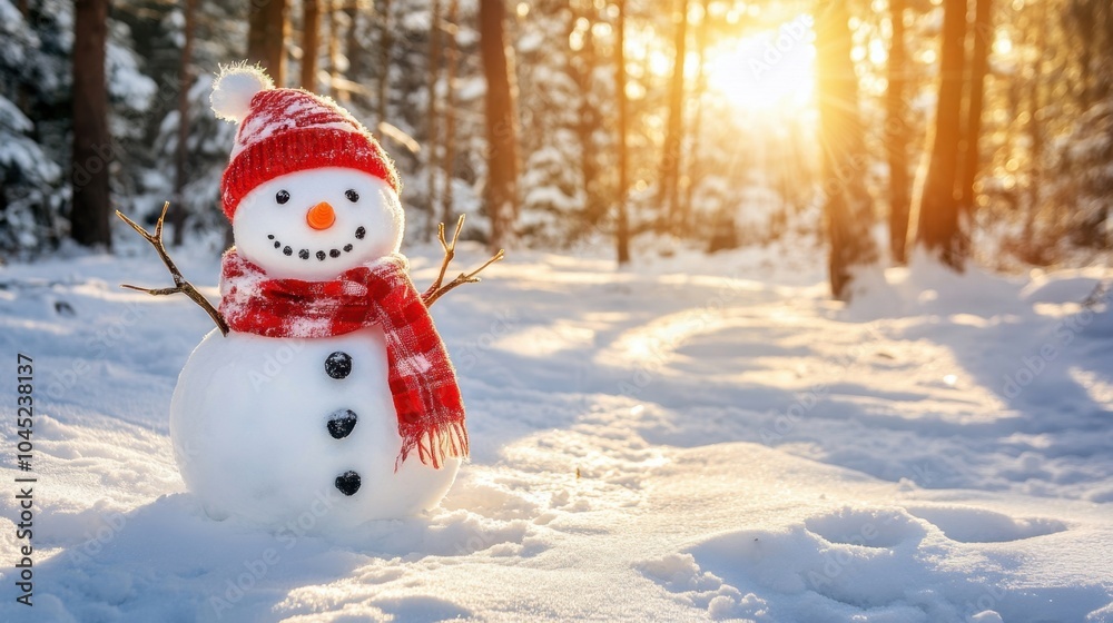 Cheerful snowman built in a peaceful winter forest, snow-covered trees and bright sunlight in the background. Cheerful snowman built in a peaceful winter forest, snow-covered trees and bright sunlight in the background.