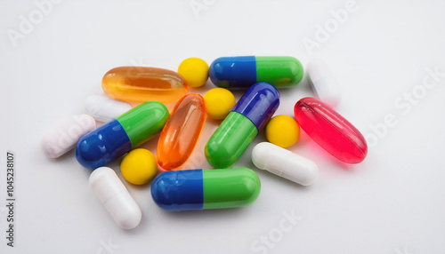 Colorful capsules and pills scattered on a white background. Various shapes and colors are visible. No specific action; the overall mood is neutral. The image has no transparent background.