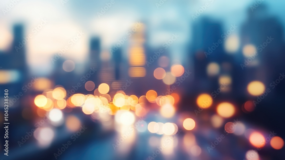 A blurred cityscape background with soft focus, capturing the lights of buildings and cars, providing a modern, urban vibe for websites or presentations.