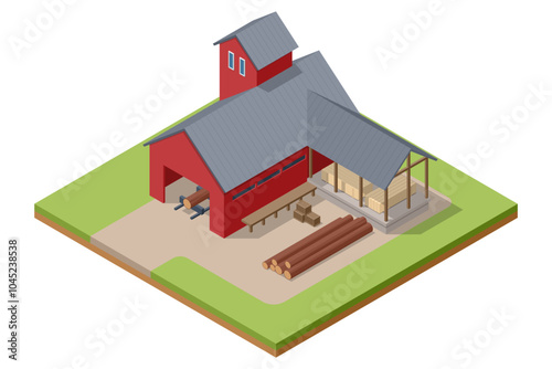 Isometric Sawmill. Lumberjack with saw machinery for wood working and transportation isometric icons set 3d isolated vector illustration