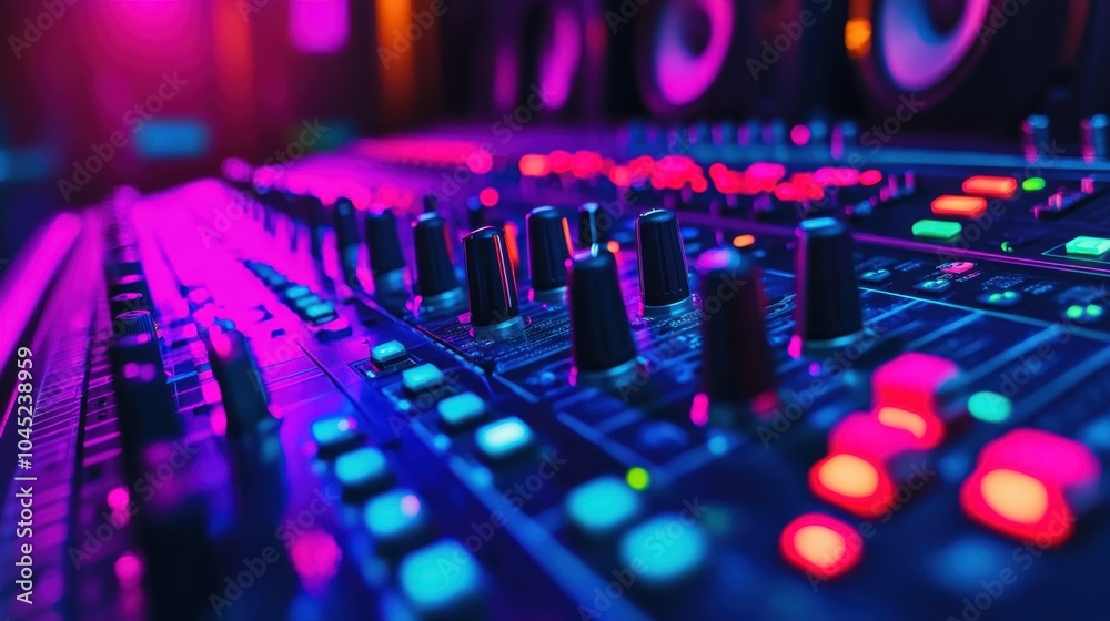Close-up of a colorful professional audio mixing console with illuminated buttons and faders, set in a vibrant recording studio. Close-up of a colorful professional audio mixing console with illuminated buttons and faders, set in a vibrant recording studio.
