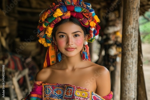 Latin woman wearing colorful traditional dress and flowers posing in colombian farm