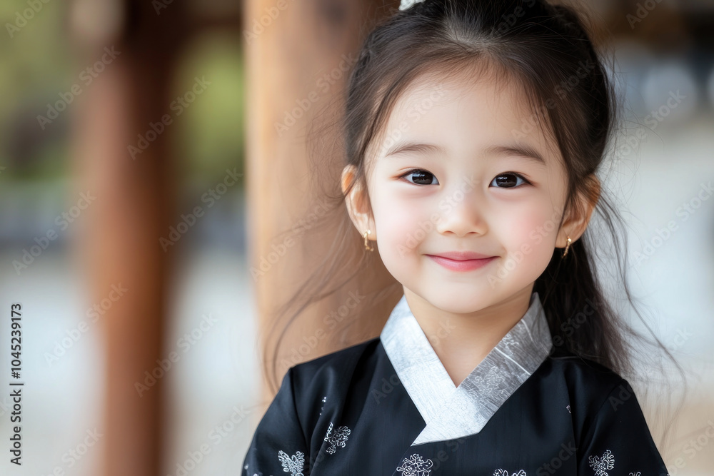 Hispanic little girl in traditional hanbok costume at korean village palace Hispanic little girl in traditional hanbok costume at korean village palace