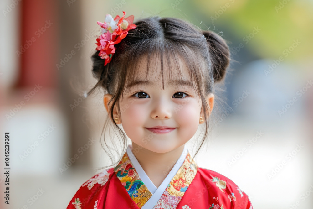 Japanese little girl in traditional hanbok costume at korean village palace Japanese little girl in traditional hanbok costume at korean village palace