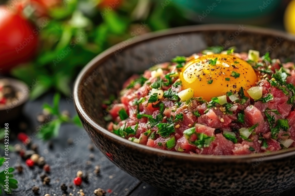 Delicious steak tartare with raw egg yolk and spices on dark background Delicious steak tartare with raw egg yolk and spices on dark background