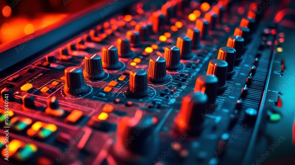 Obraz premium Close-up of a modern audio mixing console with glowing dials and faders in a studio bathed in colorful lighting.