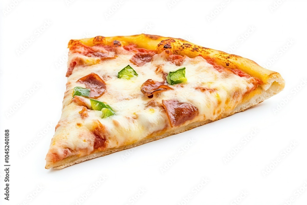 Delicious pizza slice, topped with cheese, meat, and green pepper, white isolate background. Delicious pizza slice, topped with cheese, meat, and green pepper, white isolate background.