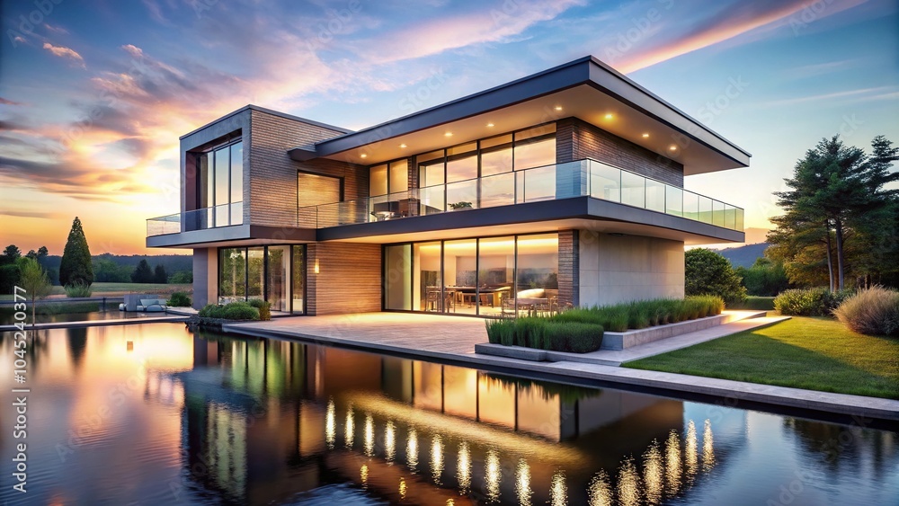 Forced perspective luxurious modern house with lake in background Forced perspective luxurious modern house with lake in background