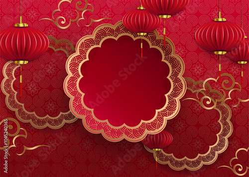 Great textured postcard in red with a round frame and red lanterns.