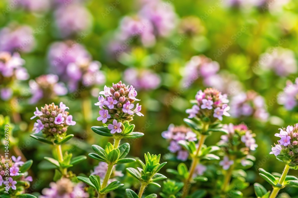Forced perspective natural background with leaves and inflorescences of garden plant creeping thyme Forced perspective natural background with leaves and inflorescences of garden plant creeping thyme