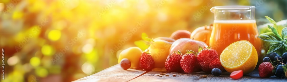 Fresh juice with fruits on wooden table, sunlight filtering through green leaves. Fresh juice with fruits on wooden table, sunlight filtering through green leaves.