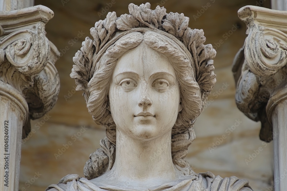Ancient stone statue of a woman wearing a laurel wreath Ancient stone statue of a woman wearing a laurel wreath