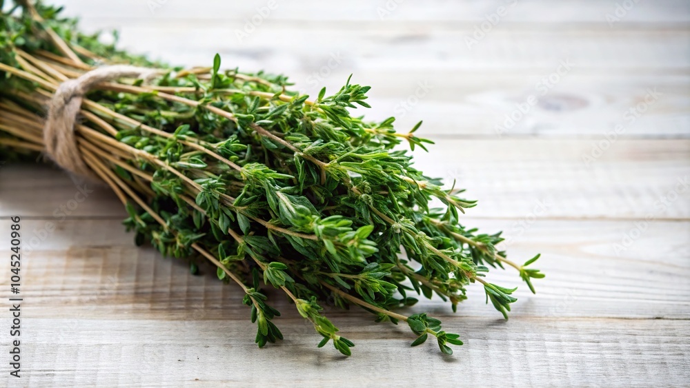 Forced perspective of a bunch of thyme on a white board Forced perspective of a bunch of thyme on a white board