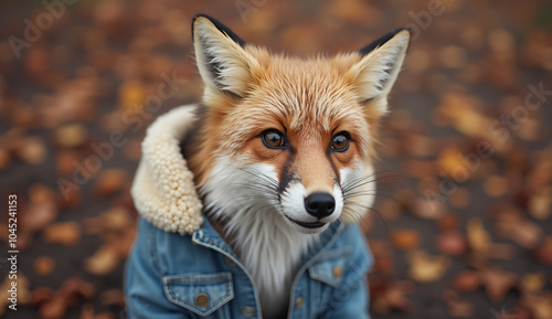 Wallpaper Mural Trendy Fox in Denim Jacket Posing Against Autumn Foliage Torontodigital.ca
