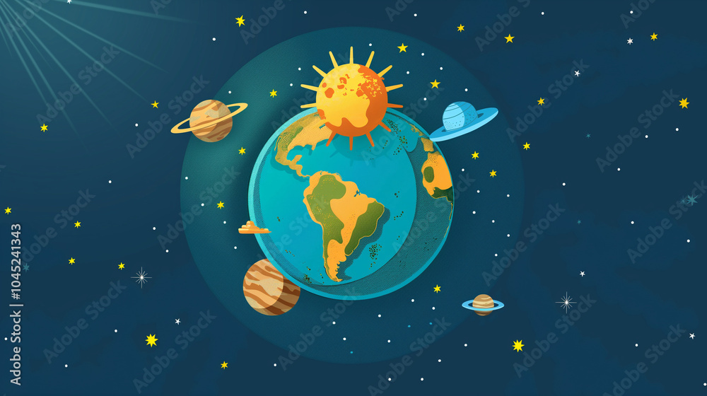 Fototapeta premium Colorful cartoon illustration of Earth with orbiting planets. Earth's Rotation Day.