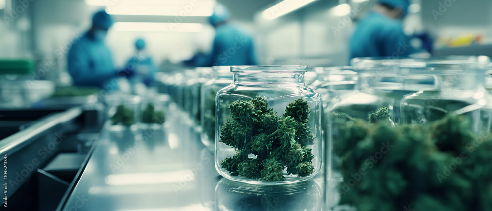 Cannabis Buds in Jars on Conveyor Belt in Dispensary Cannabis Buds in Jars on Conveyor Belt in Dispensary