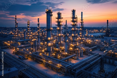 Oil refinery plant lighting up at twilight showing industrial power