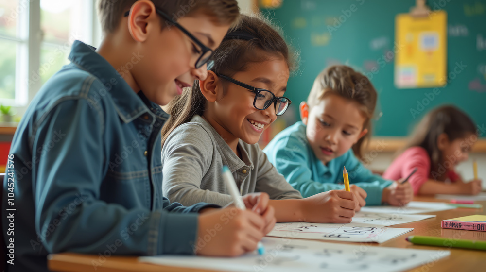 A group of children are engaged in a writing activity in a colorful classroom. Using pencils and sheets of paper as they sit together at their desks A group of children are engaged in a writing activity in a colorful classroom. Using pencils and sheets of paper as they sit together at their desks