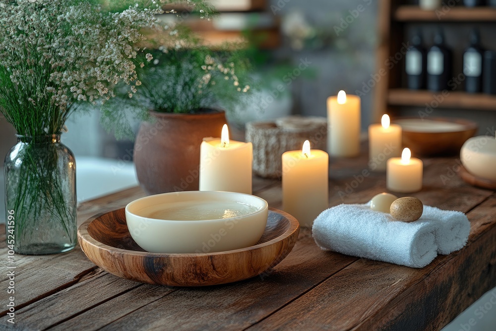 Relaxing spa composition with candles burning on wooden table Relaxing spa composition with candles burning on wooden table