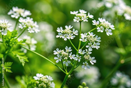 Forced perspective of blooming cilantro flowers with coriander seeds