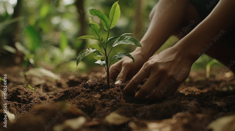 Fototapeta premium Close-up of hands planting a young tree in forest soil, symbolizing forest restoration and reforestation efforts.