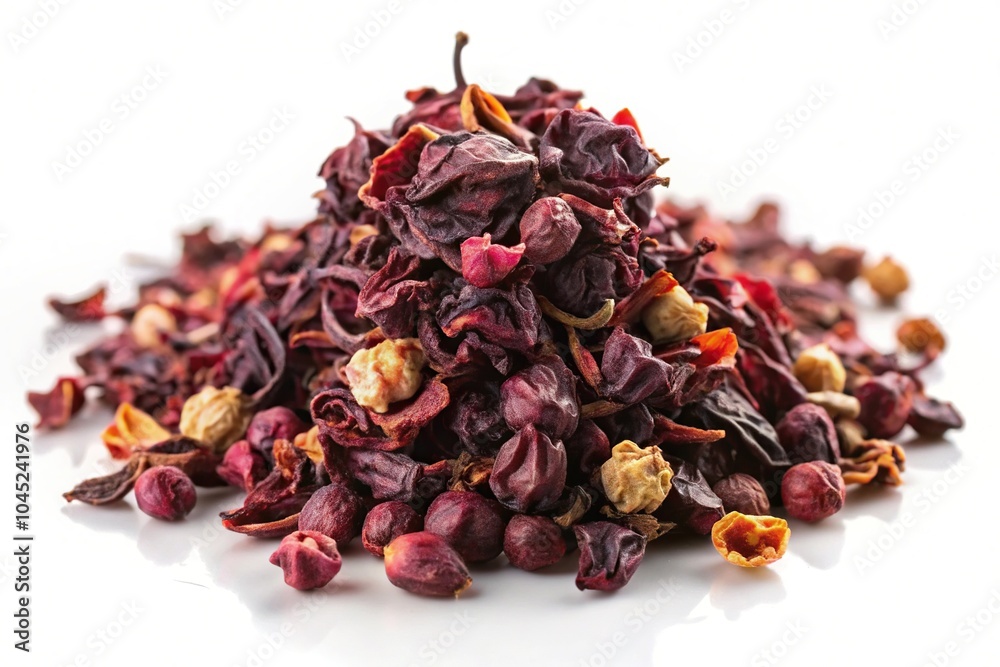 Forced perspective of dried hibiscus and berry blend isolated on white background