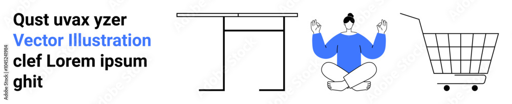 Minimalistic design shows text, a table, a person meditating, and a shopping cart. Ideal for wellness, e-commerce, minimalism, productivity, and online services. Banner for landing page Minimalistic design shows text, a table, a person meditating, and a shopping cart. Ideal for wellness, e-commerce, minimalism, productivity, and online services. Banner for landing page