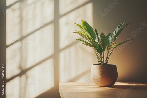 Green plant resting on table near window illuminating sunlight shadows