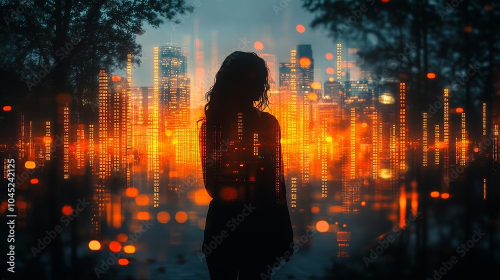 Silhouette of a person against a vibrant city skyline at dusk with a double exposure effect Silhouette of a person against a vibrant city skyline at dusk with a double exposure effect