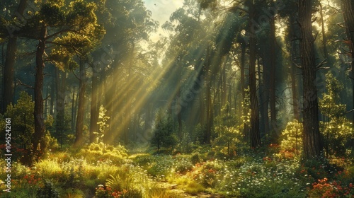 Sunbeams Filtering Through a Lush Forest