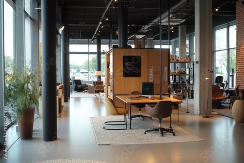 Modern open plan office interior with desk and chairs