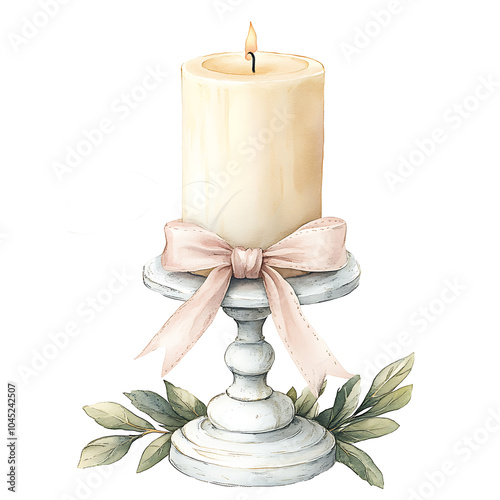 A beautiful watercolor illustration of an elegant white candle on decorative stand, adorned with soft pink ribbon and surrounded by green leaves, creating serene and calming atmosphere photo