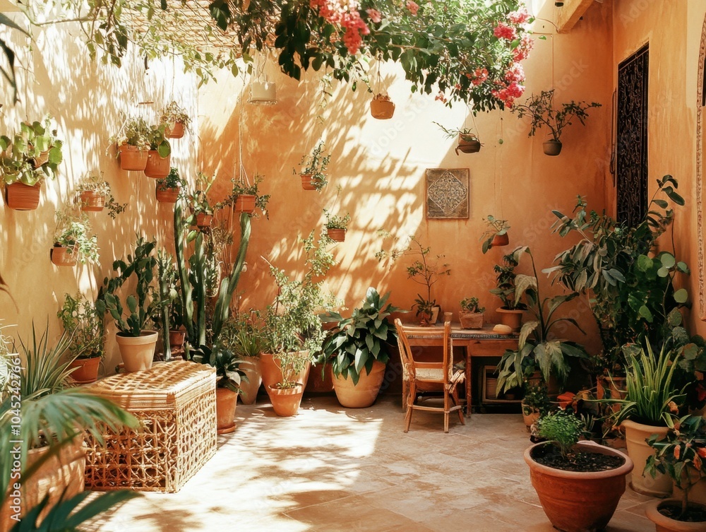 Fototapeta premium A patio with a table and chairs, and a variety of potted plants. The plants are in different sizes and are placed in various locations around the patio