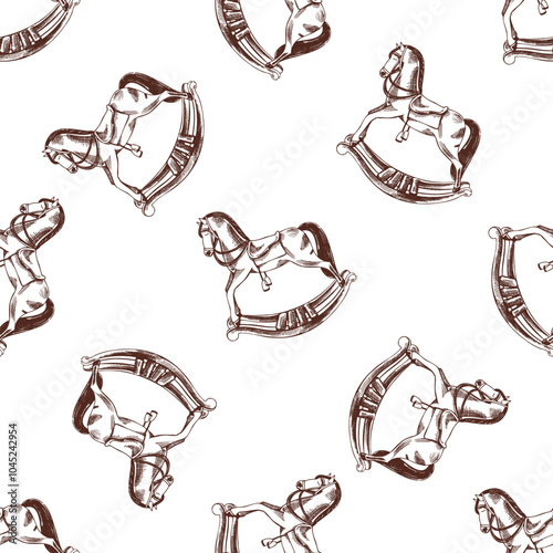 A hand-drawn ink  seamless pattern of  a vintage wooden baby rocking horse. Outline on a white background, vintage vector illustration.   Vintage sketch element for labels, packaging and cards design.