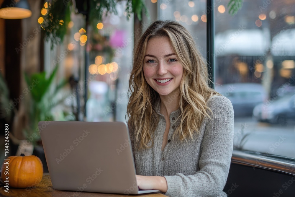 Young professional woman working on laptop in cafe smiling at camera Young professional woman working on laptop in cafe smiling at camera