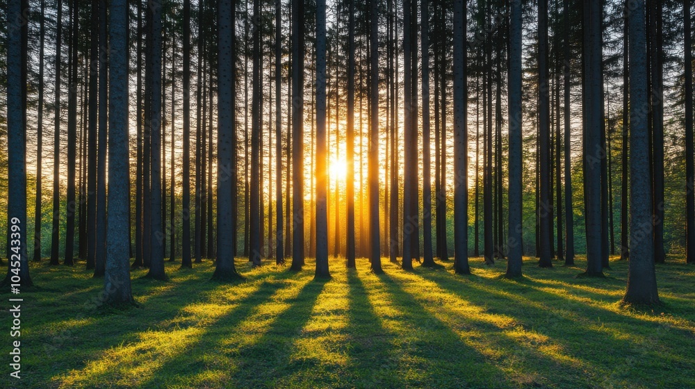 Golden Sunset in Pine Forest with Soft Light Golden Sunset in Pine Forest with Soft Light