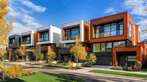 Cluster of sleek modular homes in a suburban neighborhood, featuring bold geometric design and eco-friendly materials