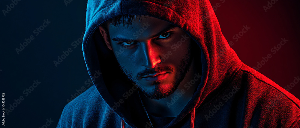 Intense Portrait of a Man in a Hoodie Under Red and Blue Lighting, Intense Portrait of a Man in a Hoodie Under Red and Blue Lightin Intense Portrait of a Man in a Hoodie Under Red and Blue Lighting, Intense Portrait of a Man in a Hoodie Under Red and Blue Lightin