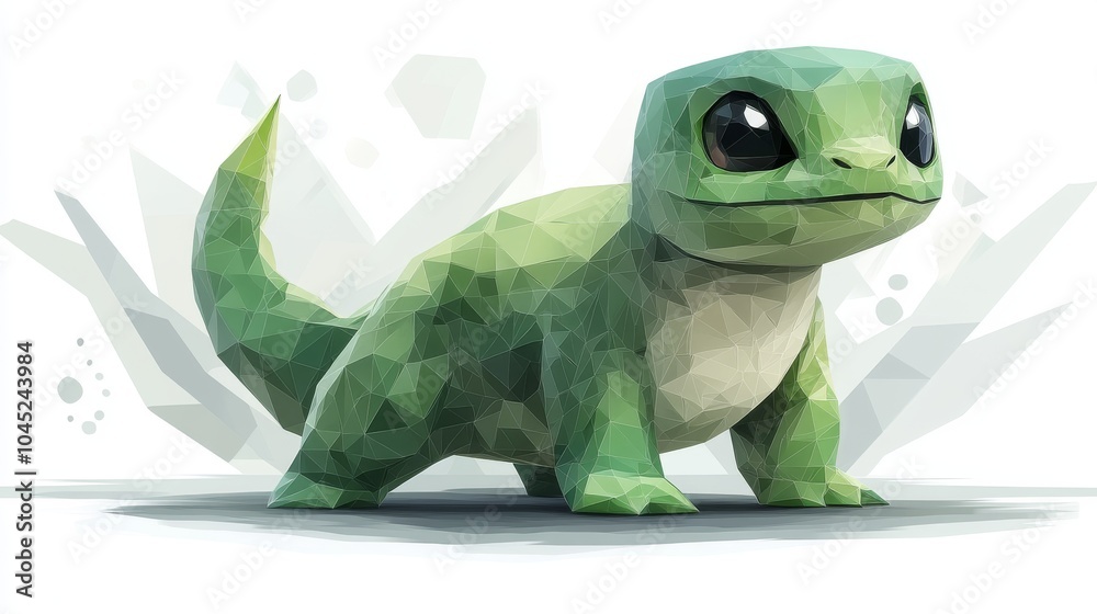 Obraz premium A cute green polygonal lizard character with large eyes, exuding a playful and friendly vibe in a vibrant illustration.