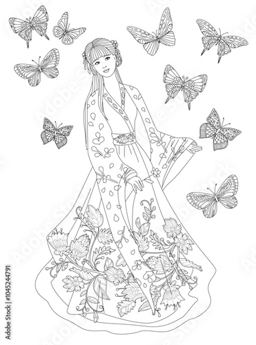 colouring book page for adults and children. pretty girl with elegant hairstyle dressed ethnic vintage costume holding a flower surrounded flying butterflies