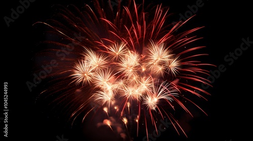 A vibrant display of red and white fireworks exploding in the night sky.