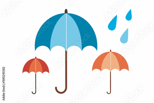 Image of three colorful umbrellas on a white background, two orange on the left and a gradient blue in the middle. Two raindrops enhance the rainy vibe.