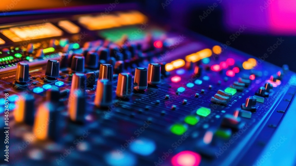 Obraz premium Detailed view of an audio mixing board in a bright, lively studio, with vivid colors reflecting off the knobs and sliders.
