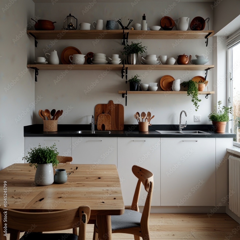 A modern kitchen with white cabinets, wooden shelves, a black countertop, and a wooden dining table. A modern kitchen with white cabinets, wooden shelves, a black countertop, and a wooden dining table.