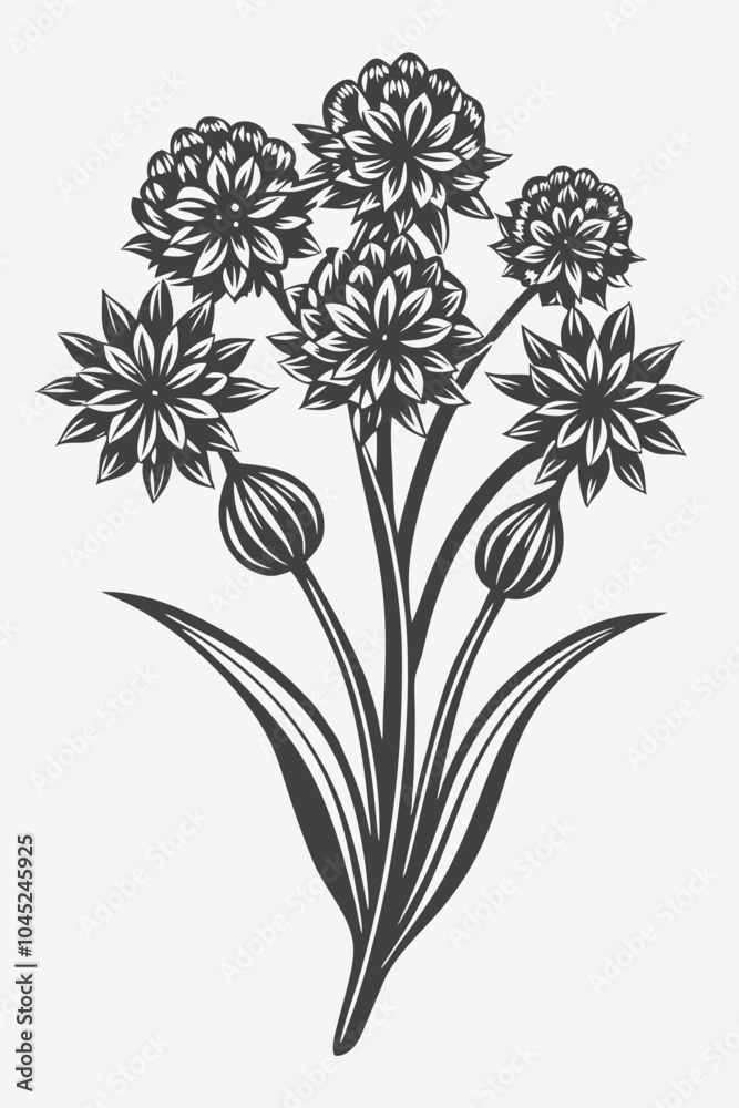 Ornamental Onion Branch with Flowers Silhouette Vector Illustration in Detailed Minimalist Style Ornamental Onion Branch with Flowers Silhouette Vector Illustration in Detailed Minimalist Style