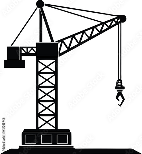 Black and white Construction Crane illustration on white background.