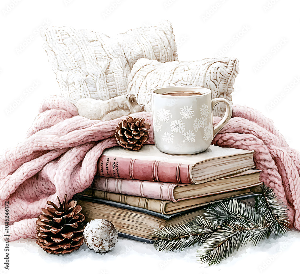 Cozy winter scene featuring stack of books, warm pink blanket, and decorative mug. Pinecones and greenery add festive touch, evoking sense of warmth and comfort Cozy winter scene featuring stack of books, warm pink blanket, and decorative mug. Pinecones and greenery add festive touch, evoking sense of warmth and comfort